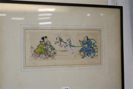 Elyse Ashe-Lord, three coloured drypoint etchings, Oriental figures, all signed in pencil and numbered, largest 37 x 30cm